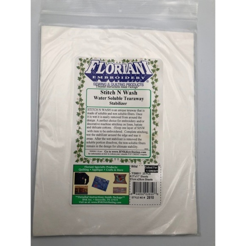 Floriani Stitch N Wash Water Soluble Tearaway Stabilizer 25 Sheets 8.5x11 FSW811